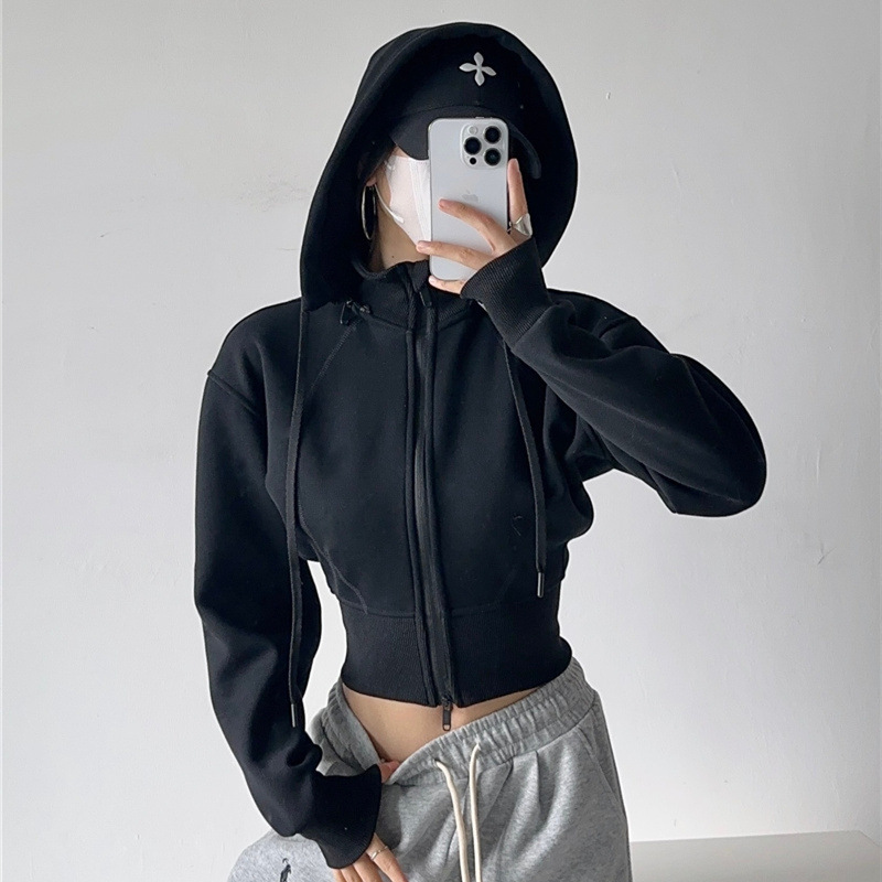 Vintage Zip Hoodie - 여성 크롭 후드티 스웨트셔츠 패션 솔리드