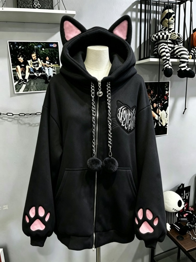 Vintage Zip Hoodie - 일본 빈티지 고딕 스타일의 고양이 귀가