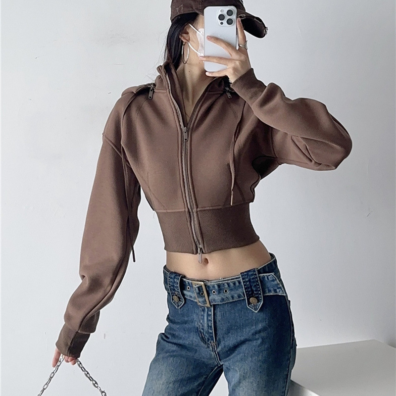 여성 크롭 후드티 스웨트셔츠 패션 솔리드 컬러 탈부착  - Vintage Zip Hoodie 리뷰 및 가격