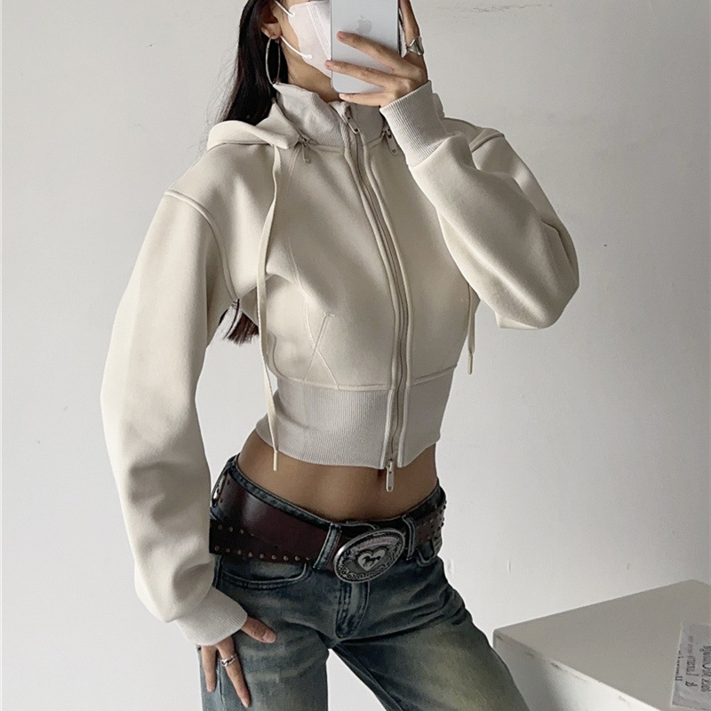 여성 크롭 후드티 스웨트셔츠 패션 솔리드 컬러 탈부착  - Vintage Zip Hoodie 리뷰 및 가격